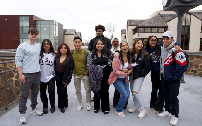 group of students on campus bridge